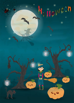 childrens 17 illustration of all saints eve holiday, Halloween, night dark blue background with moon and scary tree