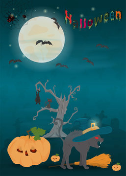 childrens 18 illustration of all saints eve holiday, Halloween, night dark blue background with moon and scary tree