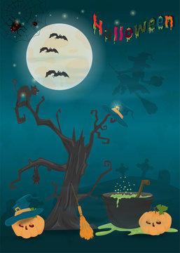 childrens_12_illustration of all saints eve holiday, Halloween, night dark blue background with moon and scary tree