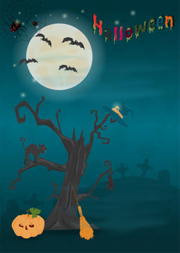 childrens_11_illustration of all saints eve holiday, Halloween, night dark blue background with moon and scary tree