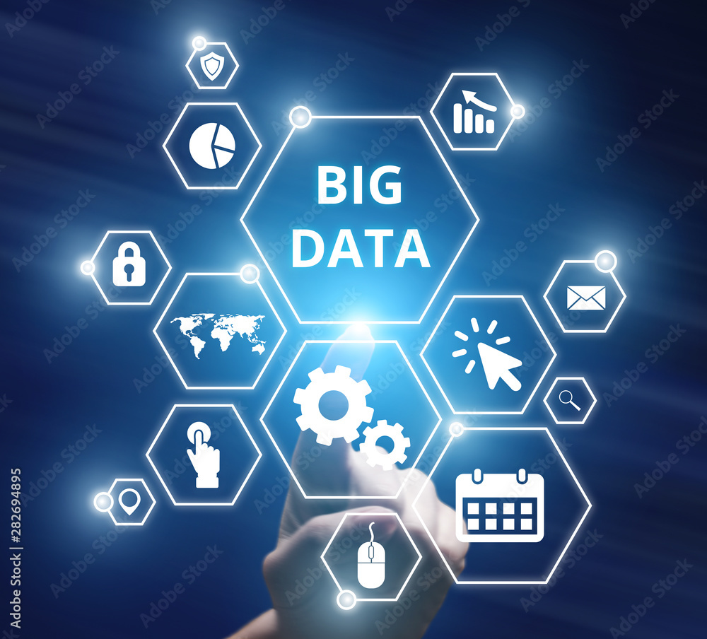 Poster Man hand selecting and pressing settings symbol for big data