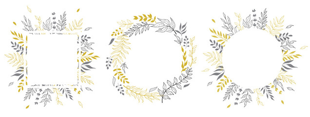 Gold color invitation with floral frames. Autumn cards templates for save the date, wedding invites, greeting cards