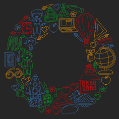 Vector set of back to school icons in doodle style. Drawing with colored chalk on a school blackboard.