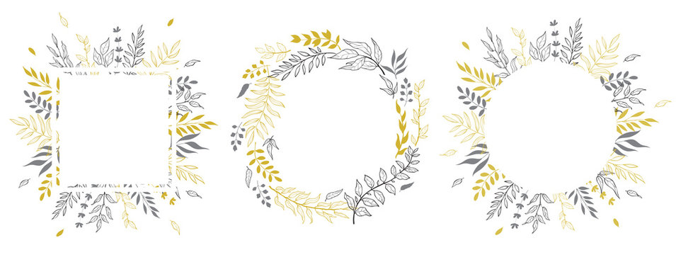 Gold color invitation with floral frames. Autumn cards templates for save the date, wedding invites, greeting cards