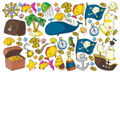 Ocean and sea for children. Pattern for boys. Pirate party. Cute fishes, animals, treasures. Kids vacation pattern, beach toys and elements.
