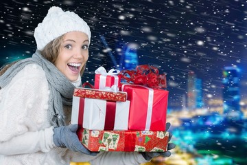 Young Woman In Winter Clothes Holding Presents - Isolated
