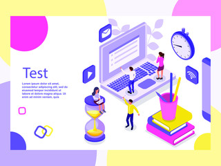 People take the exam on the Internet. Online training, obtaining a diploma and certificate. Reading books, testing on time. Сourses illustration vector infographics design isometric flat style.