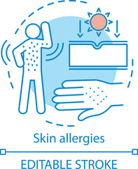 Skin allergies concept icon. Rash, contact dermatitis, hives idea thin line illustration. Sunlight, food, medication, insect bites allergic reaction. Vector isolated outline drawing. Editable stroke