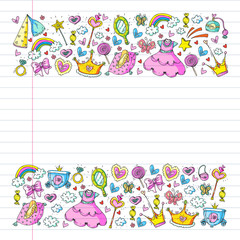 Princess birthday party for little girls. Kindergarten, school children picture. Illustration for children with castle, fairy, dress, crown.