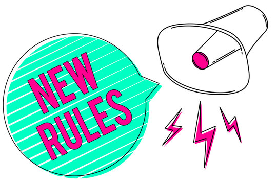 Conceptual hand writing showing New Rules. Business photo showcasing A state of changing an iplemented policy for better upgrade Megaphone green speech bubble stripes important loud message