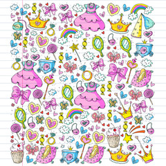 Princess birthday party for little girls. Kindergarten, school children picture. Illustration for children with castle, fairy, dress, crown.