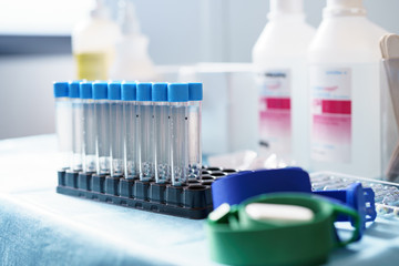 Empty glass test tubes in the stand. Medical Blood test tubes.