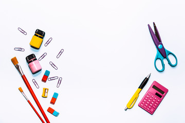 Back to school.School supplies.Place for inscription.Paints,brushes,scissors,eraser,pens for children's creativity.September 1.Beginning school year