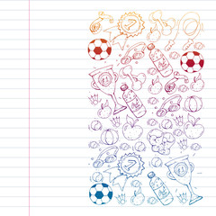 Vector pattern with sport elements. Fitness, games, exercises. Doodle icons in kids drawing style