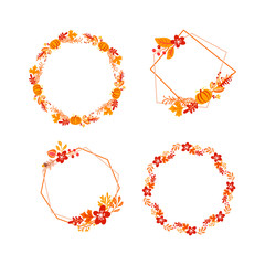 Bundle of vector frame autumn bouquet wreath with place for text. Orange leaves, berries and pumpkin isolated. Perfect for seasonal holidays, Thanksgiving Day