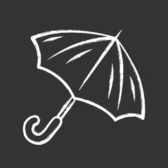 Opened umbrella chalk icon. Bad, rainy, stormy weather water protection. Fashionable travel accessory. Carryon sunshade, parasol. Convenient trip equipment. Isolated vector chalkboard illustration
