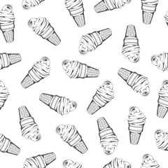 Seamless simple pattern. Waffle cone with ice cream, hand drawn, contour. Gray lines, white background.
