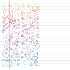 Travel vector pattern. Adventure, beach, tropical design.