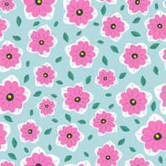 Obraz premium Seamless simple pattern. Minimal style. Pink flowers and green leaves on a light green background.