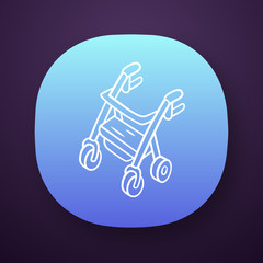 Rollator walker app icon. Mobility aid device for physically disabled people. Pensioner, elderly wheel walker equipment. UI/UX user interface. Web or mobile application. Vector isolated illustration