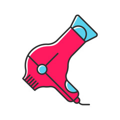 Hair dryer color icon. Blow dryer with concentrator nozzle. Electric hot air hairstyling device. Hairdresser apparatus. Professional barber appliance. Isolated vector illustration