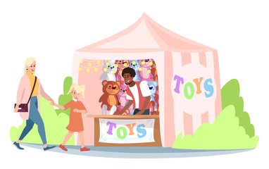 Obraz na płótnie Canvas Fair market stall with toys flat vector illustration. Mother and daughter at circus fair, funfair trade tent with kids toys and seller cartoon characters. Amusement park, fairground attractions