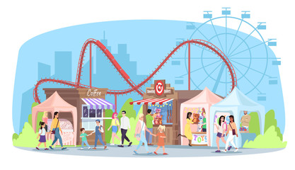 Amusement park flat vector illustration. Roller coaster, ferris wheel, market stalls with food, toys. People walk funfair, circus fair cartoon characters. Kids and adults enjoy fairground attractions