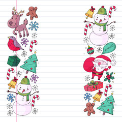 Christmas winter party. Happy new year. Bullfinch, Santa Claus, snowman, deer. Presents and candy.