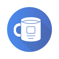 Personal cup flat design long shadow glyph icon. Ceramic utensil vector silhouette illustration. Crockery, office worker, signed mug with drink, tableware accessory. Corporate identity, merchandise