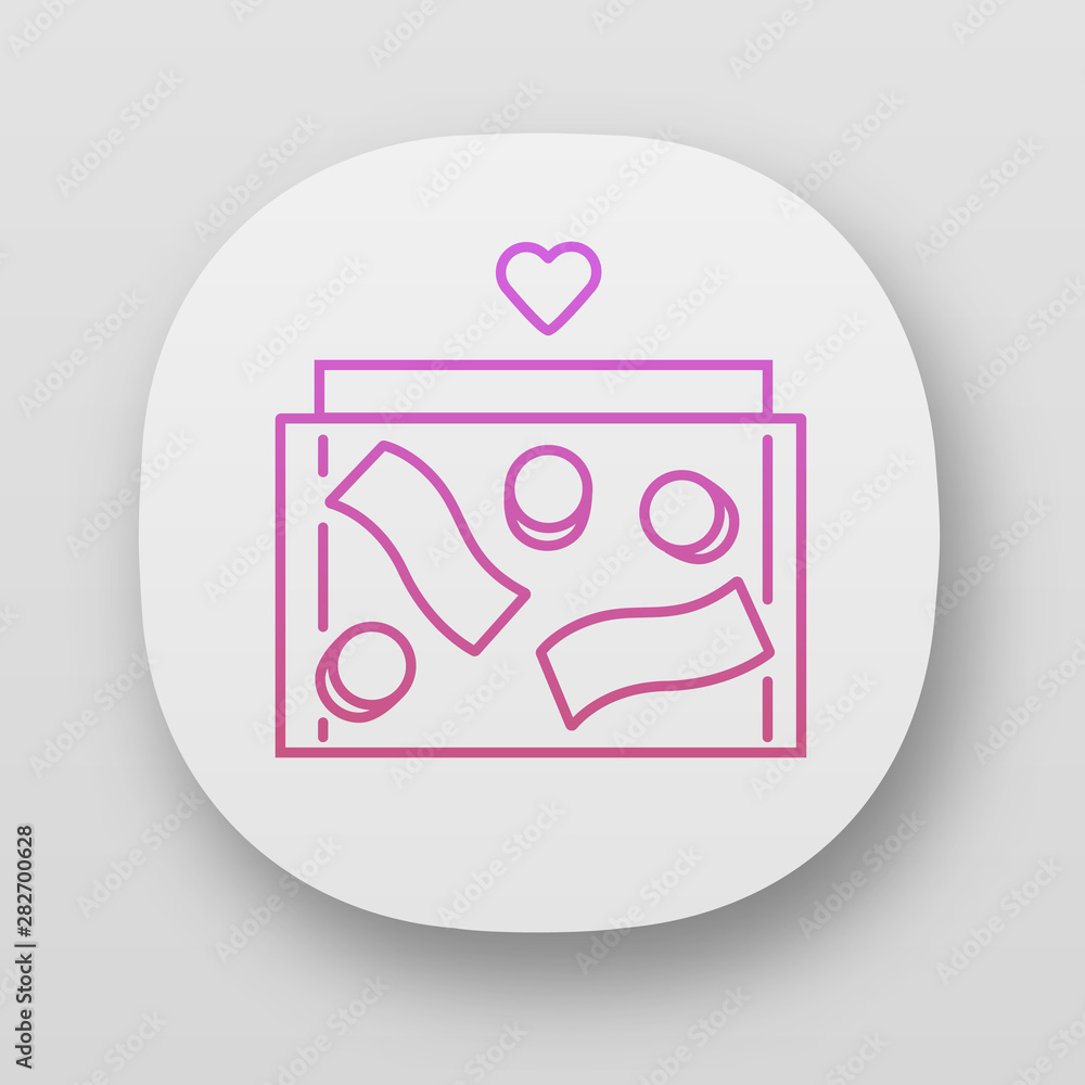 Poster donation box app icon. collecting box with banknotes and coins. moneybox. charity fundraising. conta