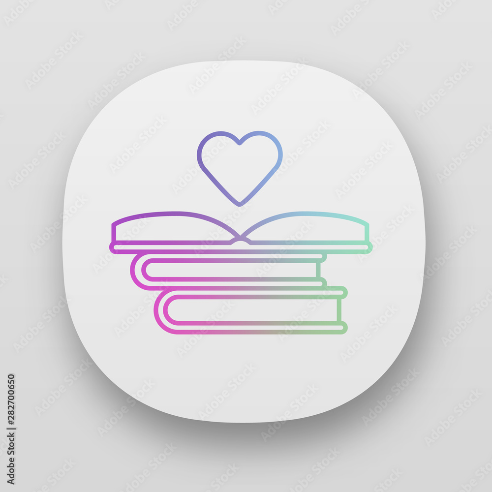Poster educational books distribution app icon. volunteer reader. donating books. stack of romance novels. 