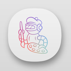 Art bot app icon. Robot, cyborg with brush and palette. Virtual assistance. Artificial intelligence, AI. Cybernetics. UI/UX user interface. Web or mobile applications. Vector isolated illustrations