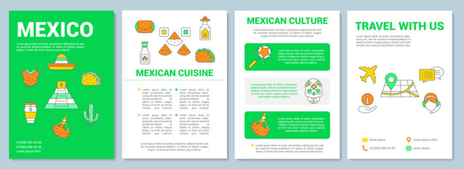 Mexico brochure template layout. Mexican travel, tour. Flyer, booklet, leaflet print design with linear illustrations. Vector page layouts for magazines, annual reports, advertising posters