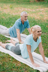 positive mature man and woman meditating on yoga mats on lawn in park