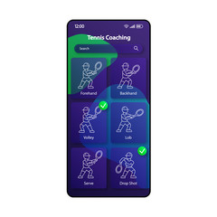 Tennis coaching software smartphone interface vector template. Mobile app page color design layout. Tennis player training screen. Linear UI for application. Ball hitting technique phone display