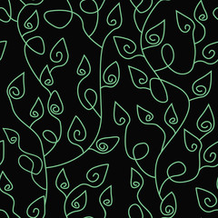 Vector Green Abstract Leaves on Black Seamless Repeat Pattern