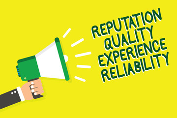 Writing note showing Reputation Quality Experience Reliability. Business photo showcasing Customer satisfaction Good Service Man holding megaphone loudspeaker yelliw background speaking loud