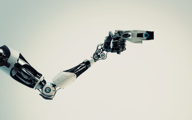 Robotic arm holding futuristic taser gun, 3d rendering