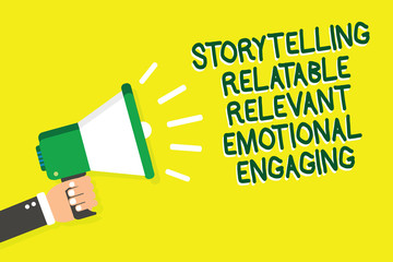 Writing note showing Storytelling Relatable Relevant Emotional Engaging. Business photo showcasing Share memories Tales Man holding megaphone loudspeaker yelliw background speaking loud