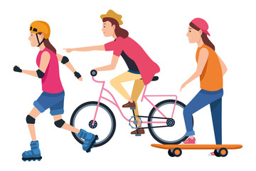 Young peple with sakteboard, skates and bikes