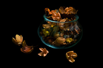 Glass vase with decorative flowers, still life