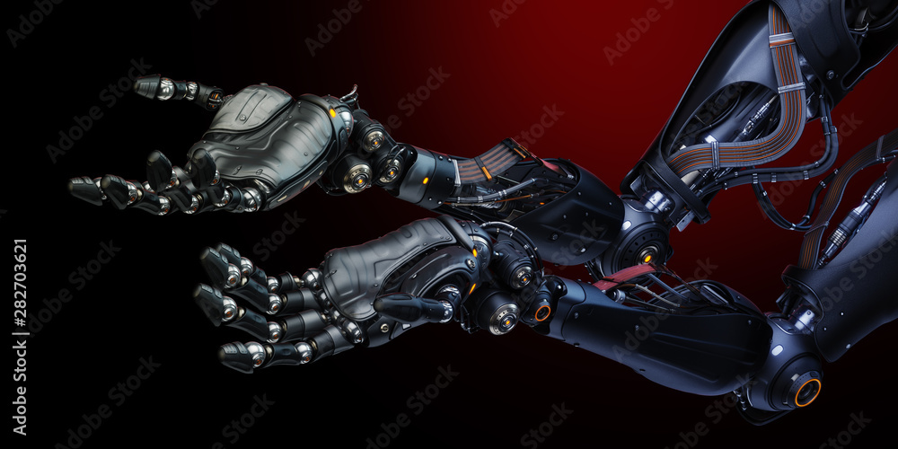 Poster pair of synthetic robotic arms gesturing with open palms, 3d rendering on dark background