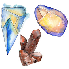 Colorful diamond rock jewelry minerals. Watercolor background set. Isolated crystal illustration element.