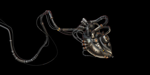 Robotic hand holding wired artificial heart, 3d rendering on black background