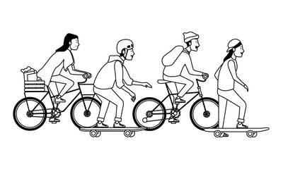 People with bikes and skateboard in black and white