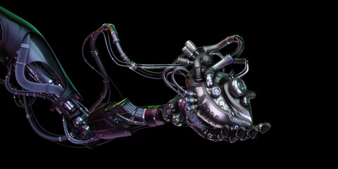 Robotic hand holding wired artificial heart, 3d rendering on black background