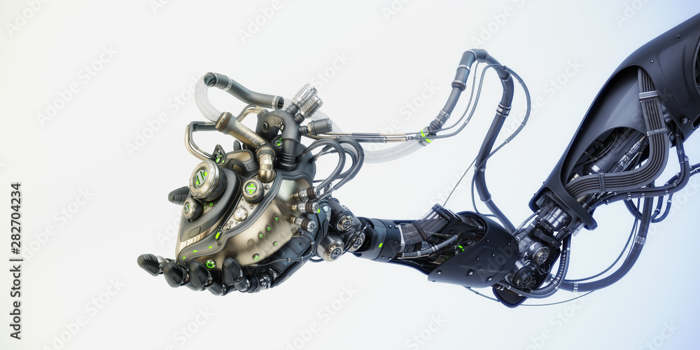 Poster artificial robotic arm holding wired heart for replacement, 3d rendering