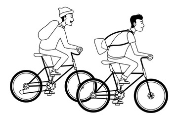Young people riding bicycles cartoon in black and white