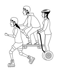 People with scooter and skateboard in black and white