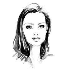 Fashion portrait of stylish woman. Black ink  graphic. Fashion illustration. Elegance female portrait. Stylish young woman. Watercolor fashion illustration. Poster for advertising cosmetics, beauty sa